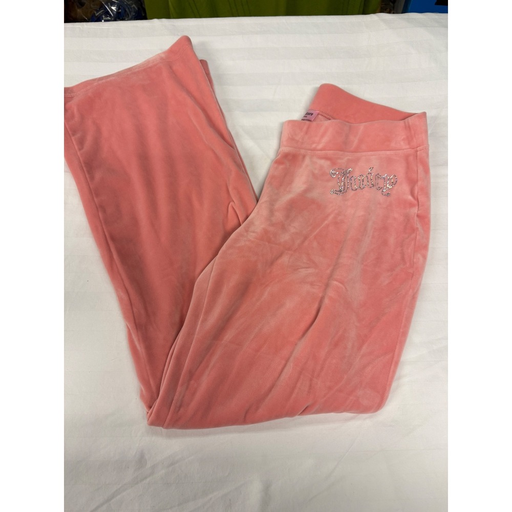 Juicy Couture Pink Velour Rhinestone Logo Wide Leg Track Pants Y2K Paris Bling